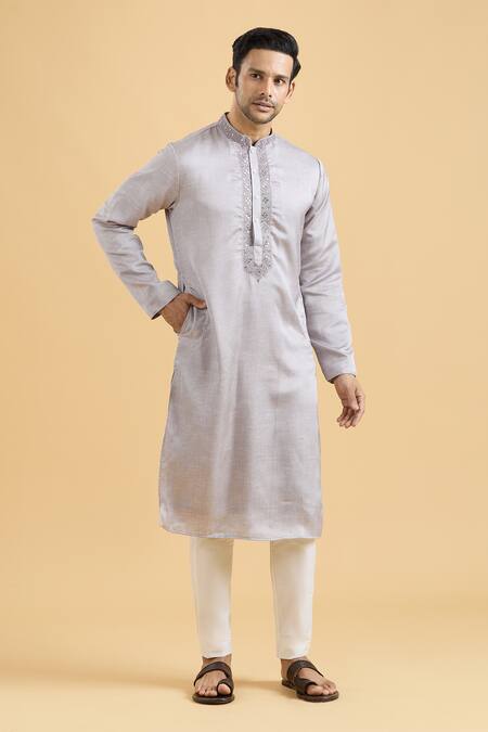 Buy_Arihant Rai Sinha_Purple Linen, Silk, Polyester, Mirrorwork Geometric Placket Kurta With Pant_Online_at_Aza_Fashions