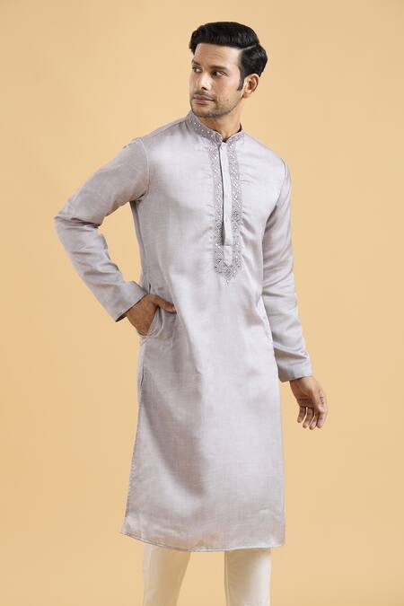 Shop_Arihant Rai Sinha_Purple Linen, Silk, Polyester, Mirrorwork Geometric Placket Kurta With Pant_Online_at_Aza_Fashions