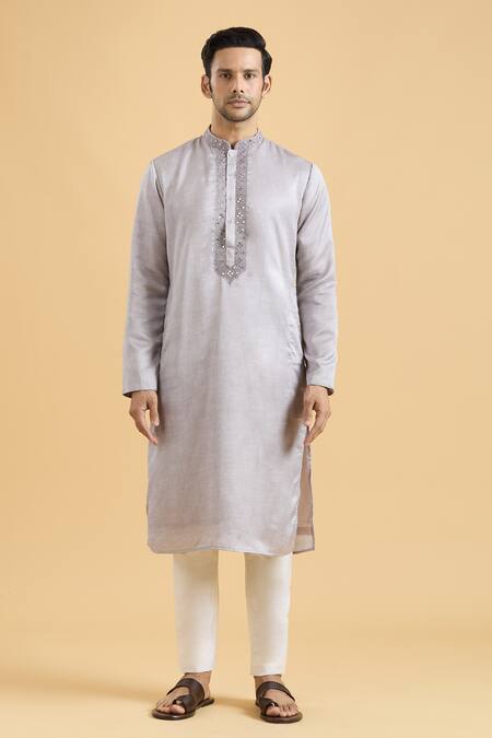 Arihant Rai Sinha_Purple Linen, Silk Mirrors Geometric Placket Kurta_Online_at_Aza_Fashions