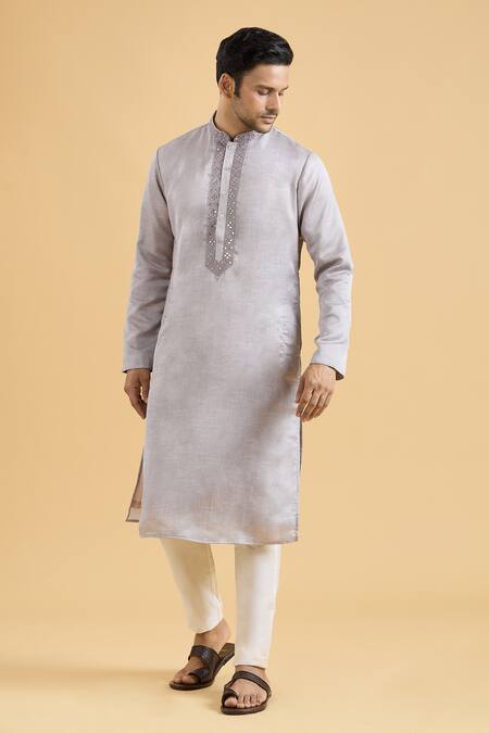 Buy_Arihant Rai Sinha_Purple Linen, Silk Mirrors Geometric Placket Kurta_Online_at_Aza_Fashions