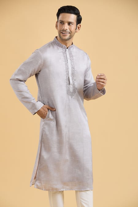 Shop_Arihant Rai Sinha_Purple Linen, Silk Mirrors Geometric Placket Kurta_Online_at_Aza_Fashions