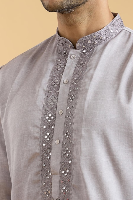 Arihant Rai Sinha_Purple Linen, Silk Mirrors Geometric Placket Kurta_at_Aza_Fashions