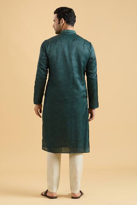 Shop Arihant Rai Sinha Green Linen, Silk, Polyester, Viscose Mirrors Placed Placket Kurta With Pant at Aza Fashions Shop_Arihant Rai Sinha_Green Linen, Silk, Polyester, Viscose Mirrors Placed Placket Kurta With Pant_at_Aza_Fashions