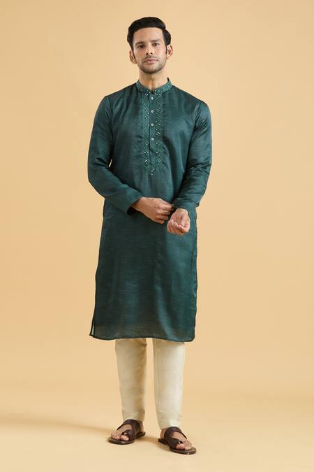 Shop Arihant Rai Sinha Green Linen, Silk, Polyester, Viscose Mirrors Placed Placket Kurta With Pant Online at Aza Fashions Shop_Arihant Rai Sinha_Green Linen, Silk, Polyester, Viscose Mirrors Placed Placket Kurta With Pant_Online_at_Aza_Fashions