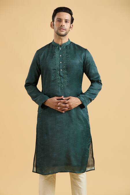Arihant Rai Sinha Green Linen, Silk, Polyester, Viscose Mirrors Placed Placket Kurta With Pant at Aza Fashions Arihant Rai Sinha_Green Linen, Silk, Polyester, Viscose Mirrors Placed Placket Kurta With Pant_at_Aza_Fashions