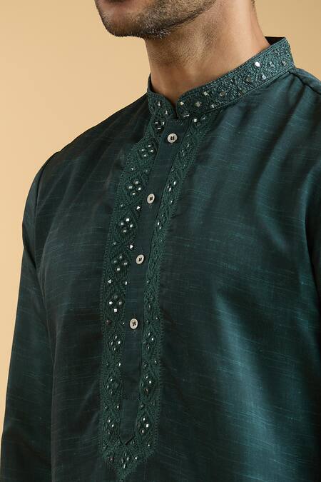 Arihant Rai Sinha Green Linen, Silk Mirrors Placed Placket Kurta Online at Aza Fashions Arihant Rai Sinha_Green Linen, Silk Mirrors Placed Placket Kurta_Online_at_Aza_Fashions