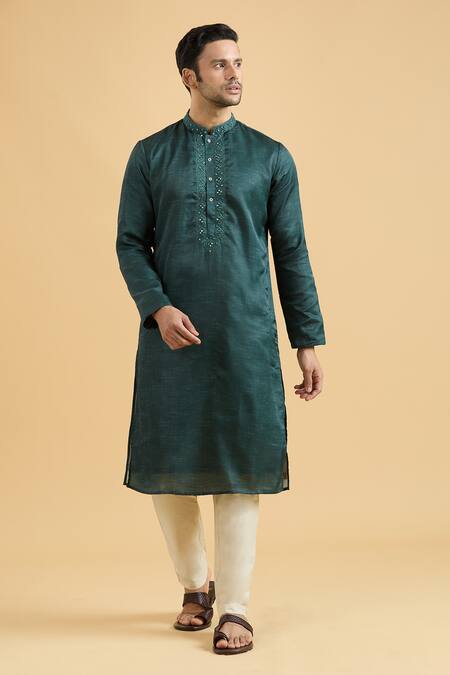 Arihant Rai Sinha Green Linen, Silk Mirrors Placed Placket Kurta at Aza Fashions Arihant Rai Sinha_Green Linen, Silk Mirrors Placed Placket Kurta_at_Aza_Fashions