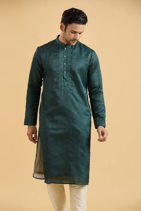 Buy Arihant Rai Sinha Green Linen, Silk Mirrors Placed Placket Kurta Buy_Arihant Rai Sinha_Green Linen, Silk Mirrors Placed Placket Kurta