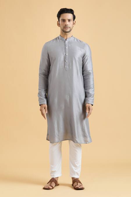 Arihant Rai Sinha_Grey Silk Straight Solid Kurta_Online_at_Aza_Fashions
