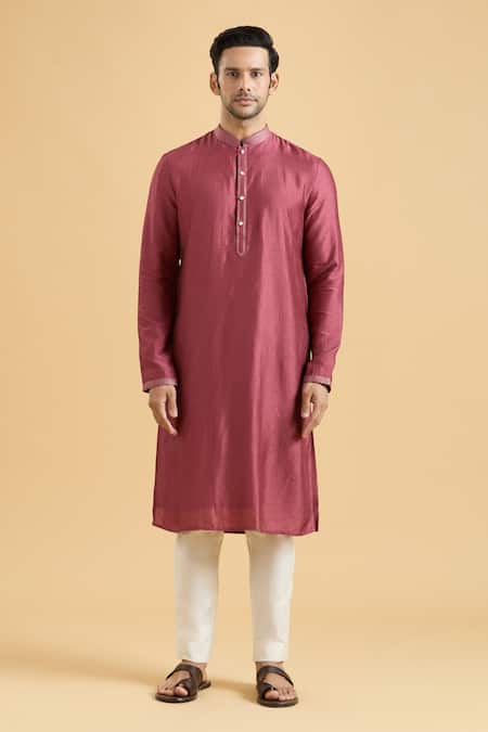 Buy_Arihant Rai Sinha_Magenta Silk Straight Plain Kurta_Online_at_Aza_Fashions