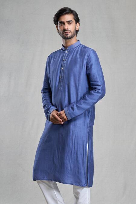 Shop Arihant Rai Sinha Blue Silk, Polyester, Viscose Plain Straight Kurta With Pant Online at Aza Fashions Shop_Arihant Rai Sinha_Blue Silk, Polyester, Viscose Plain Straight Kurta With Pant _Online_at_Aza_Fashions