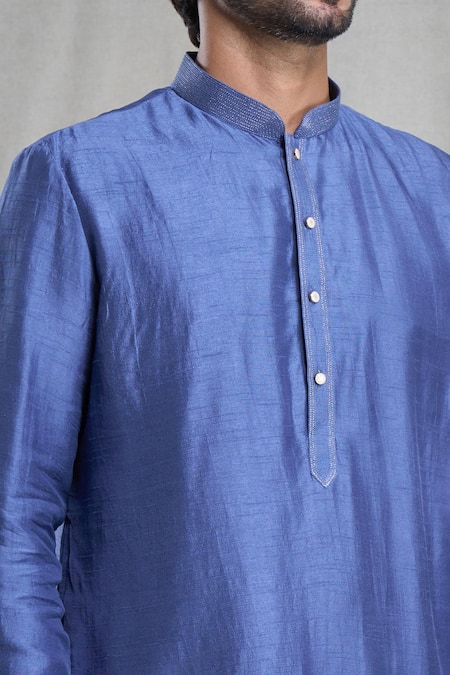 Arihant Rai Sinha Blue Silk Embroidery Plain Straight Kurta Online at Aza Fashions Arihant Rai Sinha_Blue Silk Embroidery Plain Straight Kurta _Online_at_Aza_Fashions