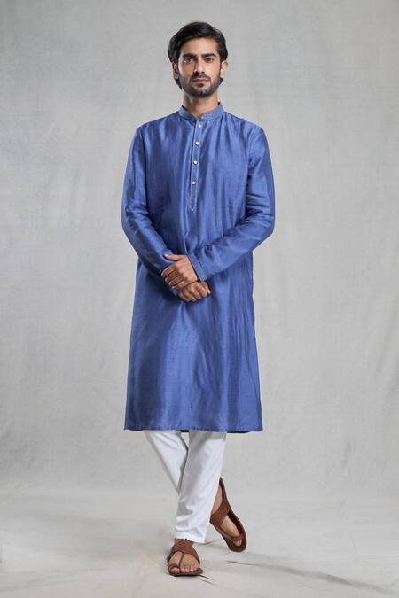 Shop Arihant Rai Sinha Blue Silk Embroidery Plain Straight Kurta Online at Aza Fashions Shop_Arihant Rai Sinha_Blue Silk Embroidery Plain Straight Kurta _Online_at_Aza_Fashions