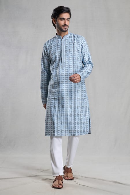 Aryavir Malhotra Grey Kurta Viscose Printed Wavy Vine With Pant 