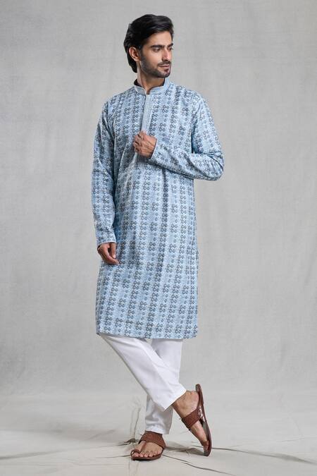 Shop Arihant Rai Sinha Grey Viscose, Polyester Embroidery Wavy Vine Print Kurta With Pant Online at Aza Fashions Shop_Arihant Rai Sinha_Grey Viscose, Polyester Embroidery Wavy Vine Print Kurta With Pant_Online_at_Aza_Fashions