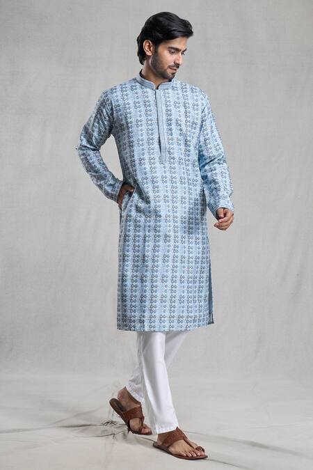 Arihant Rai Sinha Grey Viscose, Polyester Embroidery Wavy Vine Print Kurta With Pant at Aza Fashions Arihant Rai Sinha_Grey Viscose, Polyester Embroidery Wavy Vine Print Kurta With Pant_at_Aza_Fashions