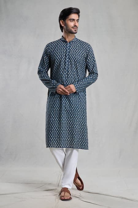 Aryavir Malhotra Blue Kurta Jaipur Cotton Print Floral Butti With Pant 