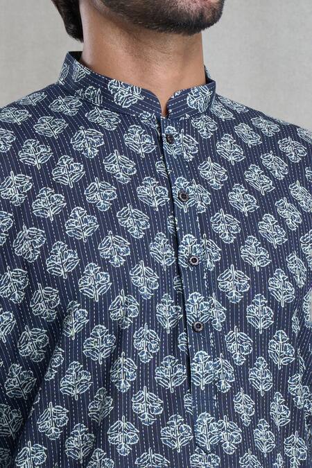 Arihant Rai Sinha_Blue Jacquard, Cotton Embroidery Floral Bloom Print Kurta With Pant_Online_at_Aza_Fashions