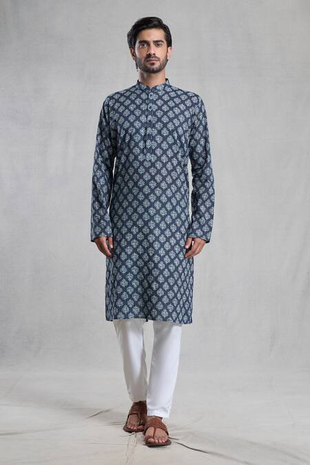 Buy_Arihant Rai Sinha_Blue Jacquard, Cotton Embroidery Floral Bloom Print Kurta With Pant_Online_at_Aza_Fashions