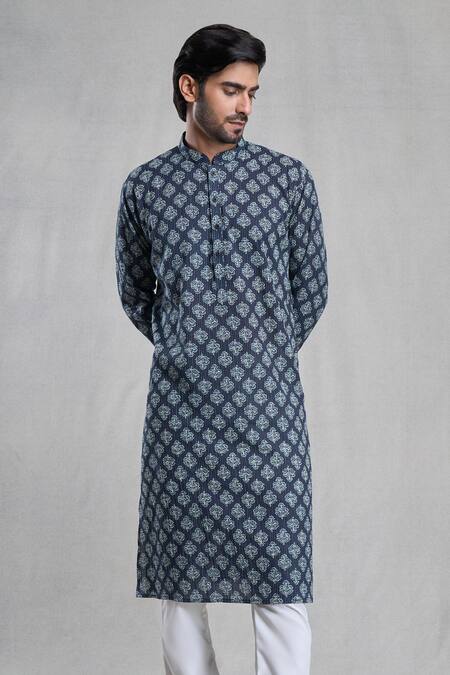 Shop_Arihant Rai Sinha_Blue Jacquard, Cotton Embroidery Floral Bloom Print Kurta With Pant_Online_at_Aza_Fashions