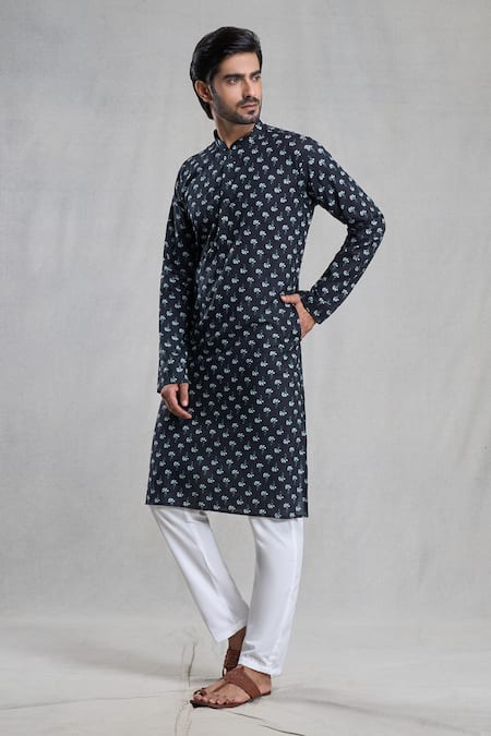 Aryavir Malhotra Black Kurta Jaipur Cotton Print Floret Bud With Pant 