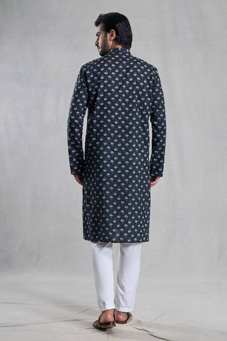 Shop Arihant Rai Sinha Black Jacquard, Cotton Embroidery Floret Bud Print Kurta With Pant at Aza Fashions Shop_Arihant Rai Sinha_Black Jacquard, Cotton Embroidery Floret Bud Print Kurta With Pant_at_Aza_Fashions