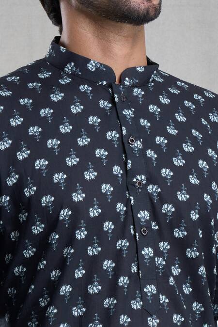 Arihant Rai Sinha Black Jacquard, Cotton Embroidery Floret Bud Print Kurta With Pant Online at Aza Fashions Arihant Rai Sinha_Black Jacquard, Cotton Embroidery Floret Bud Print Kurta With Pant_Online_at_Aza_Fashions