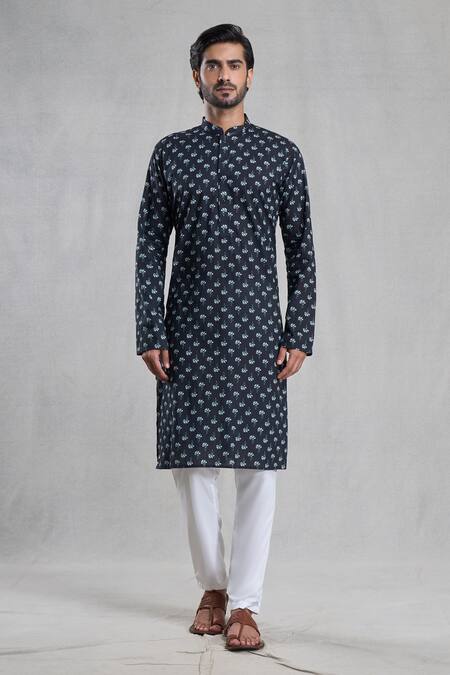 Buy Arihant Rai Sinha Black Jacquard, Cotton Embroidery Floret Bud Print Kurta With Pant Online at Aza Fashions Buy_Arihant Rai Sinha_Black Jacquard, Cotton Embroidery Floret Bud Print Kurta With Pant_Online_at_Aza_Fashions