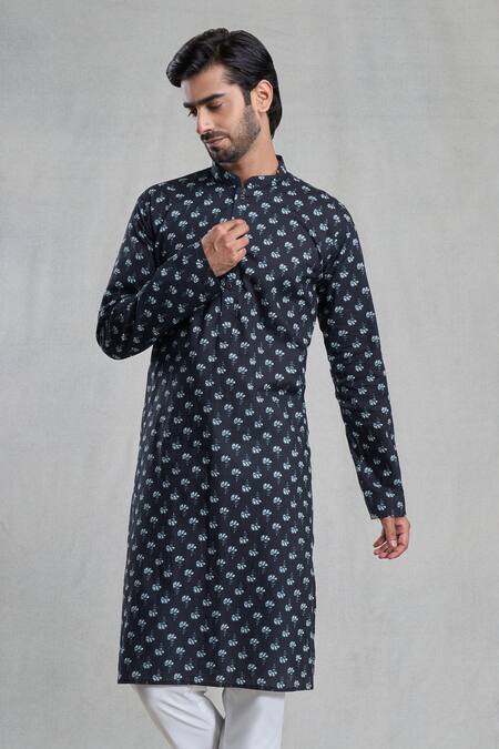 Shop Arihant Rai Sinha Black Jacquard, Cotton Embroidery Floret Bud Print Kurta With Pant Online at Aza Fashions Shop_Arihant Rai Sinha_Black Jacquard, Cotton Embroidery Floret Bud Print Kurta With Pant_Online_at_Aza_Fashions