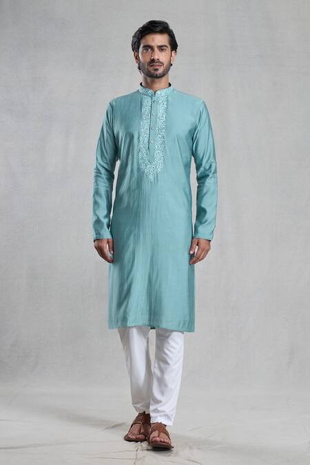 Arihant Rai Sinha_Green Viscose, Polyester Embroidery Floral Placket Kurta With Pant_Online_at_Aza_Fashions