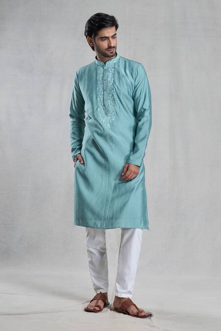 Buy_Arihant Rai Sinha_Green Viscose, Polyester Embroidery Floral Placket Kurta With Pant_Online_at_Aza_Fashions