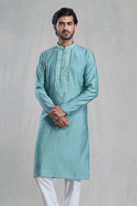Shop_Arihant Rai Sinha_Green Viscose, Polyester Embroidery Floral Placket Kurta With Pant_Online_at_Aza_Fashions
