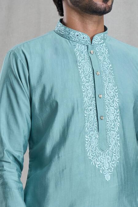 Arihant Rai Sinha_Green Viscose, Polyester Embroidery Floral Placket Kurta With Pant_at_Aza_Fashions