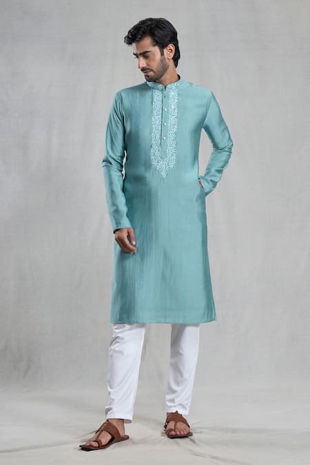 Aryavir Malhotra Floral Embroidered Placket Kurta 