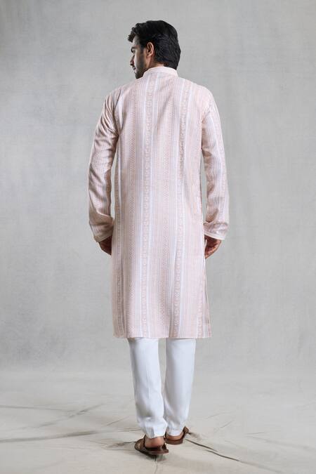 Shop Arihant Rai Sinha Peach Cotton, Linen Geometric Print Straight Kurta With Pant at Aza Fashions Shop_Arihant Rai Sinha_Peach Cotton, Linen Geometric Print Straight Kurta With Pant_at_Aza_Fashions