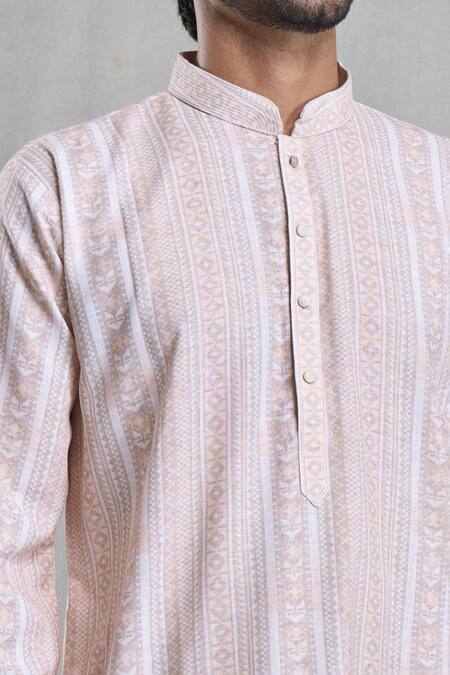 Arihant Rai Sinha Peach Cotton, Linen Geometric Print Straight Kurta With Pant Online at Aza Fashions Arihant Rai Sinha_Peach Cotton, Linen Geometric Print Straight Kurta With Pant_Online_at_Aza_Fashions