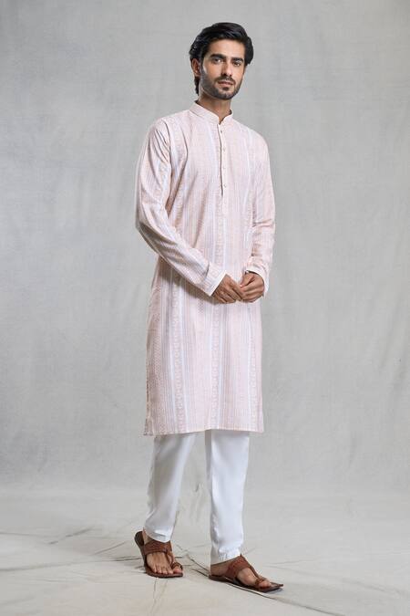 Shop Arihant Rai Sinha Peach Cotton, Linen Geometric Print Straight Kurta With Pant Online at Aza Fashions Shop_Arihant Rai Sinha_Peach Cotton, Linen Geometric Print Straight Kurta With Pant_Online_at_Aza_Fashions