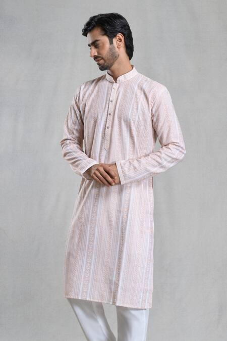 Arihant Rai Sinha Peach Cotton, Linen Geometric Print Straight Kurta With Pant at Aza Fashions Arihant Rai Sinha_Peach Cotton, Linen Geometric Print Straight Kurta With Pant_at_Aza_Fashions