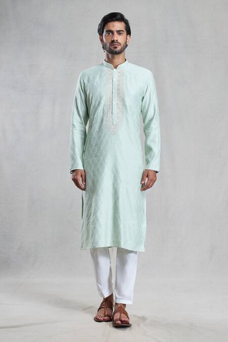 Arihant Rai Sinha_Blue Silk, Brocade Embroidery Thread Work Kurta_Online_at_Aza_Fashions