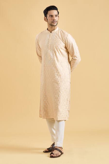 Shop Arihant Rai Sinha Peach Brocade, Polyester, Viscose Embroidery Floral Woven Kurta Set Online at Aza Fashions Shop_Arihant Rai Sinha_Peach Brocade, Polyester, Viscose Embroidery Floral Woven Kurta Set_Online_at_Aza_Fashions