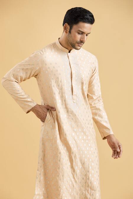 Arihant Rai Sinha Peach Brocade, Polyester, Viscose Embroidery Floral Woven Kurta Set at Aza Fashions Arihant Rai Sinha_Peach Brocade, Polyester, Viscose Embroidery Floral Woven Kurta Set_at_Aza_Fashions