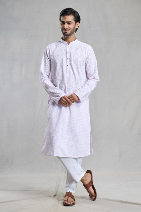 Aryavir Malhotra Purple Cotton Embroidery Chikankari Thread Kurta Set 