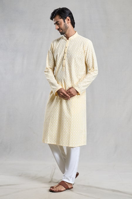 Aryavir Malhotra Cotton Geometric Embroidered Kurta Set 