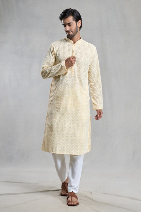 Aryavir Malhotra Cotton Geometric Embroidered Kurta 