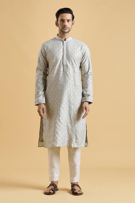 Arihant Rai Sinha Grey Brocade, Polyester, Viscose Embroidery Botanical Woven Kurta Set Online at Aza Fashions Arihant Rai Sinha_Grey Brocade, Polyester, Viscose Embroidery Botanical Woven Kurta Set_Online_at_Aza_Fashions