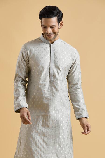 Arihant Rai Sinha Grey Brocade, Polyester, Viscose Embroidery Botanical Woven Kurta Set at Aza Fashions Arihant Rai Sinha_Grey Brocade, Polyester, Viscose Embroidery Botanical Woven Kurta Set_at_Aza_Fashions