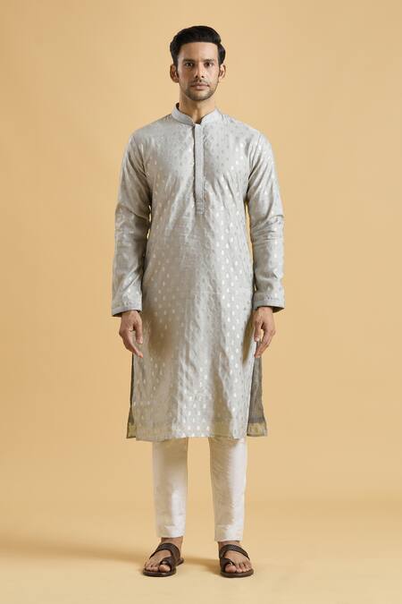 Arihant Rai Sinha_Grey Brocade Embroidery Botanical Woven Kurta_Online_at_Aza_Fashions