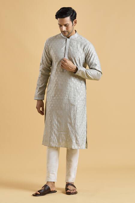 Buy_Arihant Rai Sinha_Grey Brocade Embroidery Botanical Woven Kurta_Online_at_Aza_Fashions