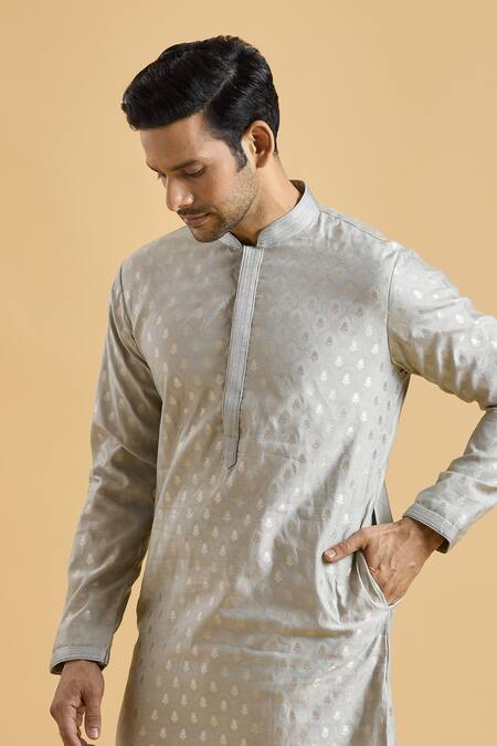 Shop_Arihant Rai Sinha_Grey Brocade Embroidery Botanical Woven Kurta_Online_at_Aza_Fashions