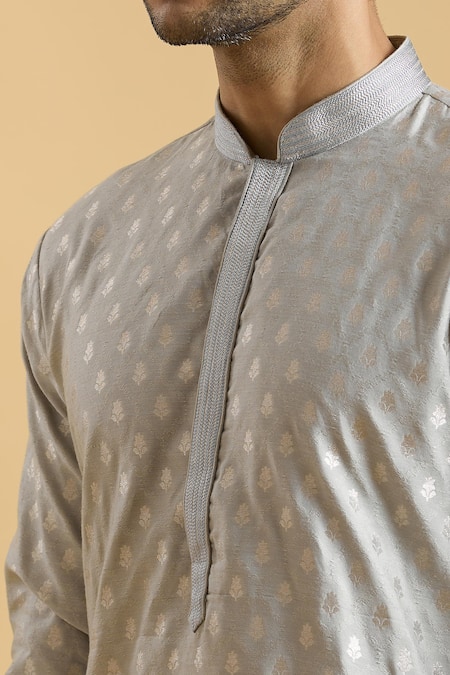 Arihant Rai Sinha_Grey Brocade Embroidery Botanical Woven Kurta_at_Aza_Fashions